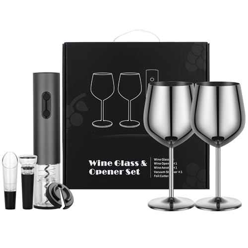 Electric Wine Opener Set Rechargeable, Automatic Corkscrew Kit, Including Stainless Steel Wine Glass of 2, Silver, Ideal Gift for Wedding, Wine Lover, Birthday, Girl, Men