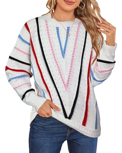 Cakulo Womens 2024 Sweaters Oversized Fall Tunic Batwing Crochet Pullover Knit Sweater Trendy Crew Neck Top Color Block M Multicolor
