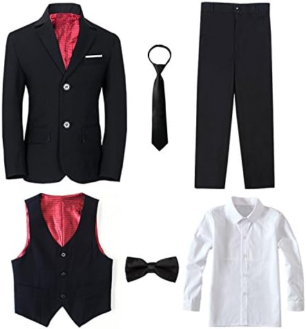 Yanlu 6 Piece Formal Boys Suits Sets Size 12 Black Boy Tuxedo Suit Blazer Pants Vest Shirt Necktie and Bow Tie