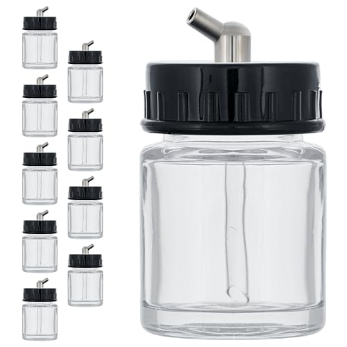 Set of 10 Glass 3/4 Ounce (22cc) Airbrush Bottles (Jars) with 60° Angle Adapter Lid Assembly (Used on Single-Action Airbrushes)