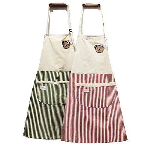 HOMKIN Women Kitchen Apron-Set of 2, Cotton Bear Striped Apron, Kitchen Chef's Apron