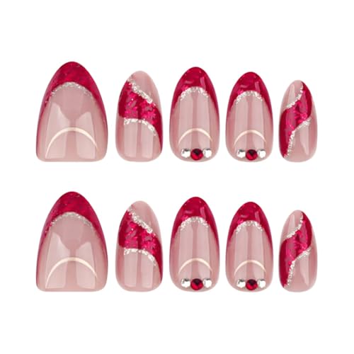 Image of Red French Tip Press on Nails Gold Line Fake Nails with Rhinestone Design Nude Glue on Nails Glossy Artificial Acrylic Full Cover Glitter Stick on Nails Short Almond False Nails for Women Manicure