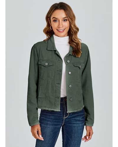 Image of luvamia Denim Jacket for Women Distressed Jean Jackets Button Up Vintage Western Trucker Jacket Frayed Hem Pockets