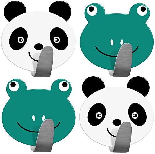 Tatkraft Team 4 Pack Self Adhesive Kid's Hooks for Towels, Bathrobes and Coats, Stainless Steel, 2 Pandas and 2 Frogs in the set, Easy to install, Durable and fun Design