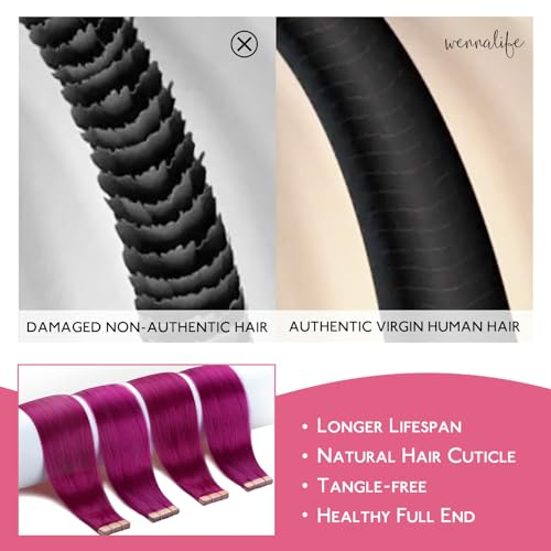 Image of WENNALIFE Tape in Hair Extensions Human Hair Violet Tape in Extensions, 10pcs 30g 26 inch Remy Invisible Tape Ins Straight Colored Soft Real Human Hair Tape in Extensions Refill Set Extensions