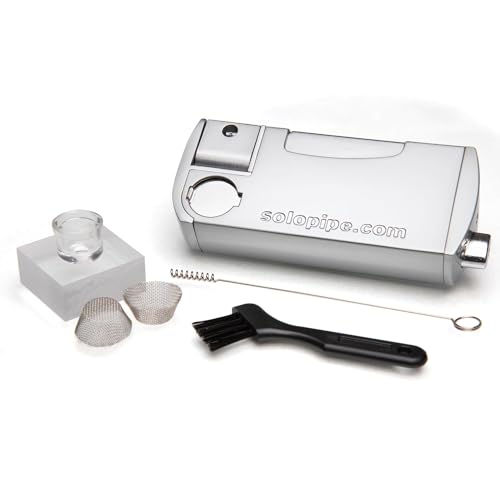 Solopipe Self Lighting Smoking Pipe with Glass Bowl & Refillable Lighter - One Handed Ignition & Adjustable Flame - Built In Glass Bowl Insert for Clean Flavor - Portable & Discreet - Classic Chrome