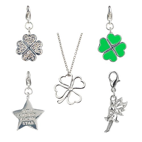 Hot Deal And Best Quality Set of 5 Fabulous Silver Colored Clip On Pendants/Charms For Bracelets/Bangles In Shapes of 3 Different Clovers, Star With Engraved Words And Fairy By VAGA