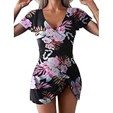 TcIFE Traje de baño Una Pieza para Mujer, Control de Abdomen, Cuello en V, Mangas con Volantes, Nudo Frontal, Falda Corta Bañadores