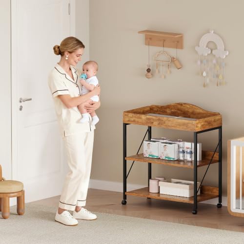 Image of Baby Changing Table, Diaper Station with Pad, 2-Tier Shelves, Rustic Brown
