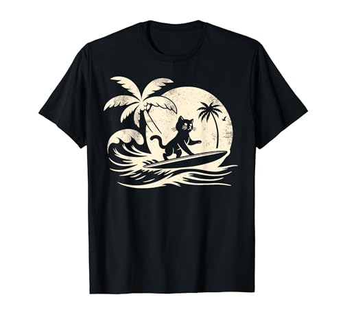 Cat Surfing Wave at Tropical Ocean Vintage Surf T-Shirt