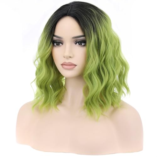 Image of BERON Ombre Green Women Girls Wig Short Curly Wavy Middle Part Wig 14 inch Ombre Color Body Halloween Cosplay Daily Party Wigs
