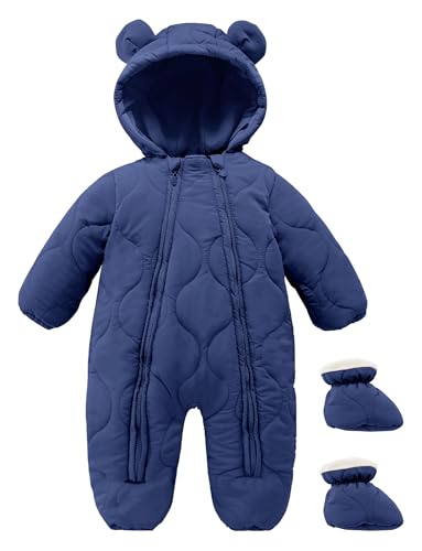 Adigau Tuta da neve con cappuccio per neonata, pagliaccetto antivento caldo con copripiedi, tuta spessa 3-18 mesi, blu, 3-6 mesi