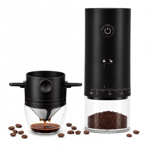 Image of Ash & Roh Electric Coffee Grinder & Pour Over Brewer Set - Compact Adjustable Burr Grinder with Reusable Filter, One‑Touch Drip Coffee Maker for Home Use