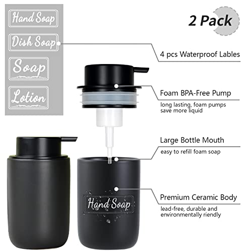Image of BosilunLife Foaming Soap Dispenser Set - Black Ceramic Foam Hand Dispenser 12oz Soap Dispenser Set with Rust Proof Pump, 4Pcs Clear Stickers for Kitchen, Bathroom - 2 Pack