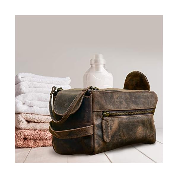 KomalC Original Buffalo Leder Unisex Kulturbeutel Travel Dopp Kit (Distressed Tan) – Bild 6