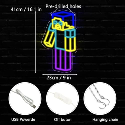 Image of WonderfulLife Game Neon Sign for Playroom Decor,Block Man Led Lights for Man Cave Gaming Room Internet Bar or Bedroom Decoration.5V USB Powered,Easy Hanging.