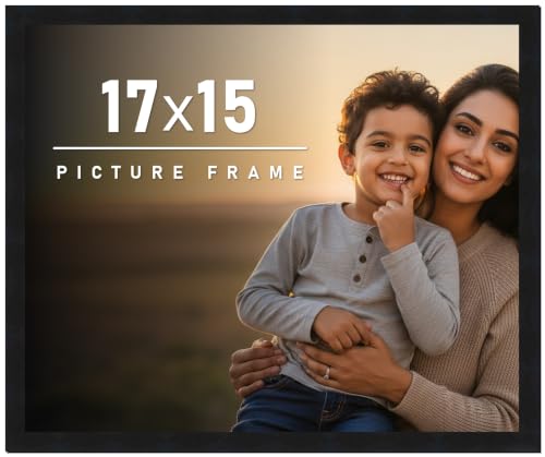 17x15 Frame Black Picture Frame - Complete Modern Photo Frame Includes UV Acrylic Shatter Guard Front, Acid Free Foam Backing Board, Hanging Hardware Wood Wall Frames for Family Photos - no Mat