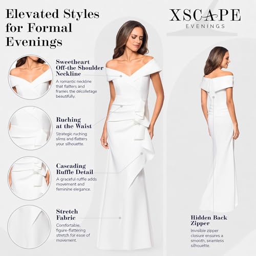Image of Xscape Women's Long Off-the-Shoulder Sweetheart Neckline Formal Evening Gown with Ruching and Draped Ruffle Detail