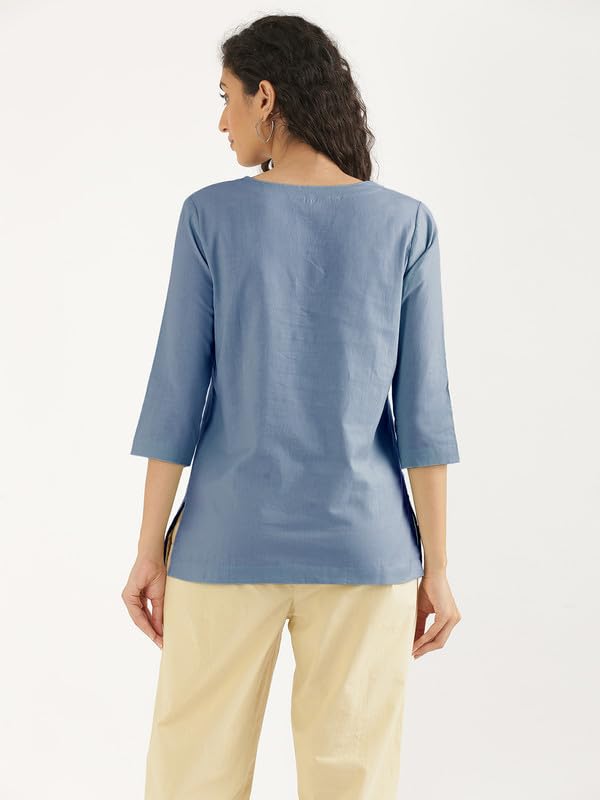 Image of SAADAA Airy Linen Split Neck Short Kurta for Women | Casual & Office Wear | 3 /4 Sleeves, Comfortable Fit | Elegant Top | Lightweight & Breathable Fabric |