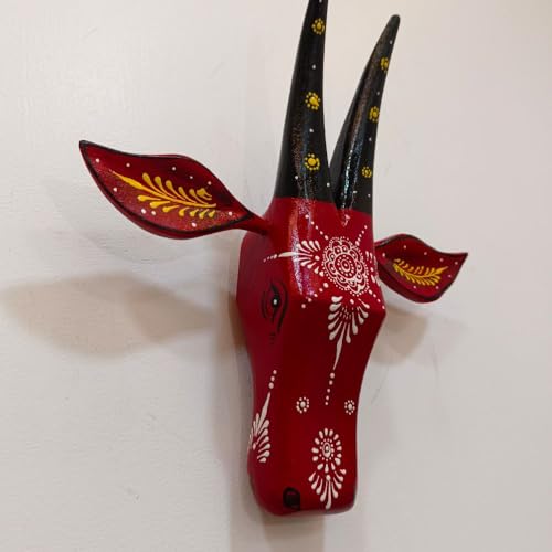 Image of SHREE 'O' GREEN TECH Handcrafted Red Cow Head Wall Decor Wooden Animal Face Art for Home Entrance, Living Room, Pooja Room Tribal Ethnic Wall Hanging for Modern and Traditional Interiors