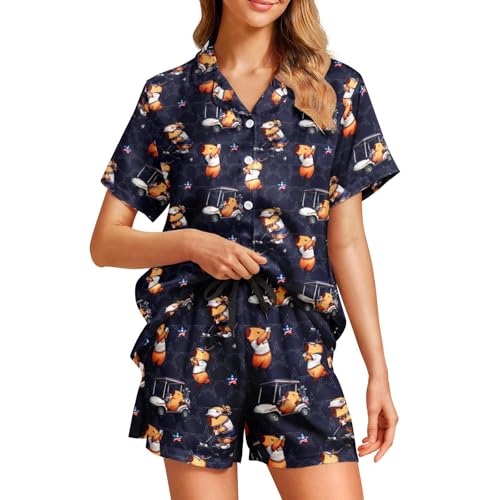 Image of Funny Pajamas for Women Set Print Satin Loungewear Pjs Short Sleeve Button Down Top and Shorts Sets Sleepwear XS-3XL