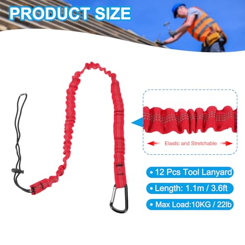 Image of MECCANIXITY Retractable Tool Lanyard 3.6ft with Single Aluminum Buckle and Adjustable Loop End, Maximum Weight Limit 10KG / 22lb, Safety Fall Protection Tools Leash, Red 12 Pack
