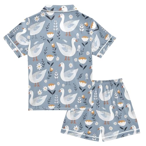 ALAZA Cute Duck Blossom Flower Pajamas Satin Pajama Set Short Sleeve Button Down Sleepwear2