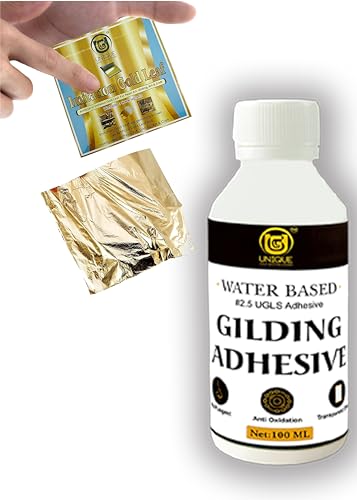 Image of UGLS Gold Leaf Sheets, 100 Sheets, 8 by 8.cm Warq & Gilding Glue 100.ML - Golden Foil Paper for Gilding, Resin Art, Decoration Crafting, Maysur Paintings, Arts Crafts, Nail Deco, DIY