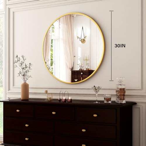 Image of HARRITPURE Round Mirror 30 Gold Wall Mounted Circle Mirrors Vanity Mirror with Brushed Aluminum Alloy Frame Modern Decoration for Bathroom, Living Room, Vanity, Bedroom, Entryway