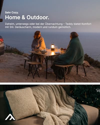 qeedo Teddy Kuscheldecke Outdoor 200 x 140 cm – wasserabweisend & raschelfrei, weiche Teddy Fleecedecke, Campingdecke mit Poncho-& Kissenfunktion, Decke für Zuhause, Garten und Camping