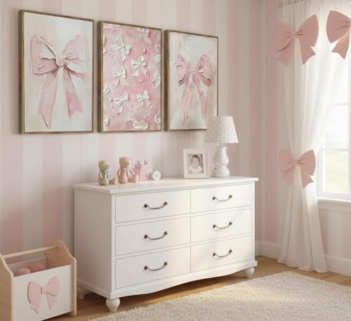 Image of Framed 3D Textured 3Pcs Trendy Pink Bow Canvas Wall Art Vintage Cute Preppy Watercolor Bow Painting Pictures Wall Decor Posters Prints Girly Aesthetic for College Apartment Bedroom Decoration