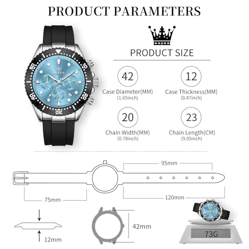 Image of OLEVS Men's Watches Sport Chronograph Analog Quartz Watch for Men with Date Waterproof Dress Casual Fashion Watch Soft Silicone Rubber Strap Band, Unidirectional Bezel & 42mm Big Face