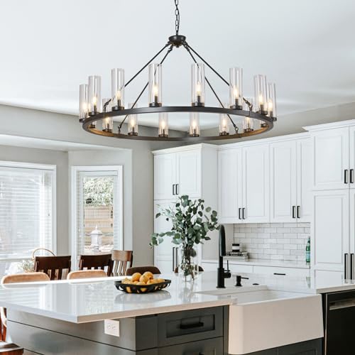 Image of 16 Light Large Wagon Wheel Chandelier with Clear Glass Shade Black Round Pendant Light Farmhouse Industrial Chandeliers Dining Room Light Fixture for Stair Living Room Foyer Kitchen