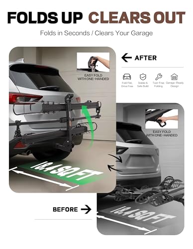 Young Bike Rack Hitch for Car - 2 Ebike Rake Heavy Duty Platform Carrier 200lb Capacity, Smart Tilting & One Hand Folding Bicycle Racks for SUV, Minivan, RV, Fits 5-Inch Fat Tires