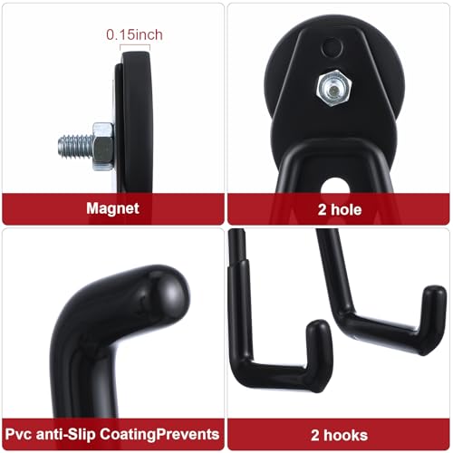 Image of Landhoow 6 Pcs Large Magnetic Hooks Heavy Duty Garage Magnet Hooks Strong Storage Utility Magnetic Hangers with Anti Slip Rubber Coating for Indoor and Outdoor Hanging (Black)