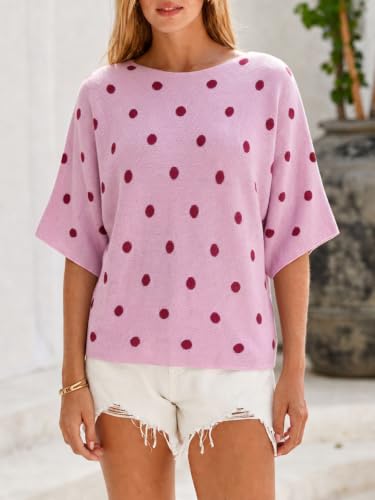 Image of Cicy Bell Womens Oversized Short Sleeve Sweaters Tops Knit Fall Pullovers | Half Sleeve Trendy Casual Loose Fit Sweater, Heart&ploka dot&floral pattern,Knitted Boat Neck Work Top for Teachers