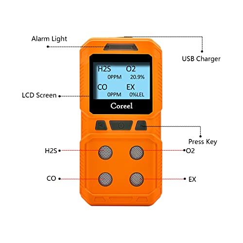 Coreel 4 Gas Monitor, Portable Co2, H2S, O2,Ex Gas Detector Meter - Ready To Use (Orange) #TOP1