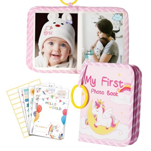Baby‘s First Photo Albums with 245 DIY Stickers, 17 Pages Soft Memory Cloth Book, My First Family Album Gift for Toddler Newborn (Unicorn)