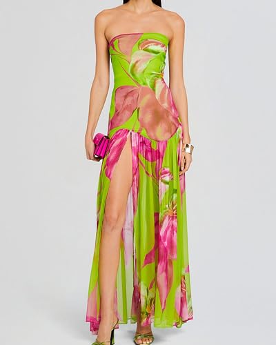 Image of Women 's Tube Top Dress Sleeveles Strapless Backless Mesh Patchwork Tropical Leopard Print High Slit Maxi Dress