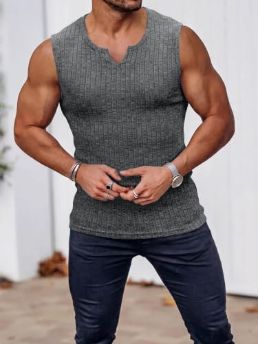 JEMLDL Men's Plus Size Basic Tank Tops Sleeveless Knit Ribbed V Neck Daily Casual Shirts Soft Breathable Lightweight Tee Dark Gray XXL — view 2