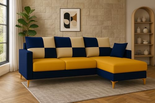Image of CASASTYLE Brogan 4 Seater Fabric RHS L Shape Sofa Set (Yellow-Dark Blue) in Premium Velvet Finish | Durable Comfort | Ideal for Living Room
