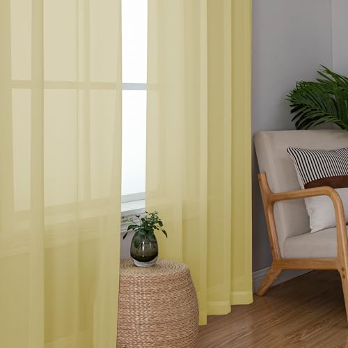 Image of Chyhomenyc Mustard Yellow Sheer Curtains 108 Inches Long - Light Filtering Elegant Voile Extra Long Panel Drapes for Living Room Floor to Ceiling Window, Each 42Wx108L Inch, 9FT, 2 Panels
