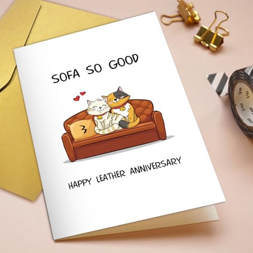 Qiliji-Funny-Cats-3rd-Anniversary-Card-Happy-Leather-Anniversary-Pun-Card-for-Husband-Wife-Cute-Third-Wedding-Anniversary-Card-for-Men-Women-3-Years-Anniversary-Card-Gift-for-Couple