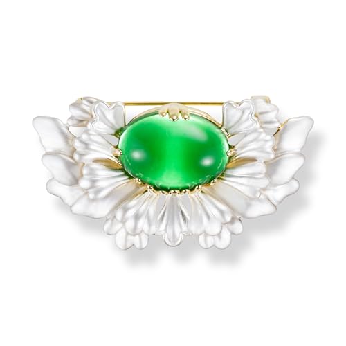 Image of Floral Brooch Pin Green Agate Gold Plated Elegant Vintage Statement Jewelry for Women