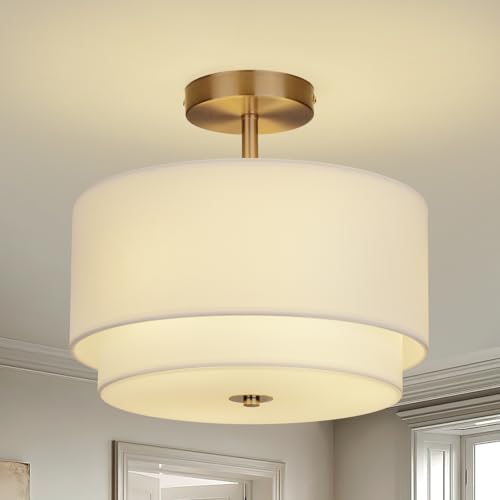 Image of Vexagyle Gold Light Fixtures Ceiling Mount,12.6'' Semi Flush Mount Ceiling Light Fixtures,Nursery Light Fixture with 2-Layer White Shade,Modern Drum Ceiling Lights for Bedroom,Living Room,Hallway