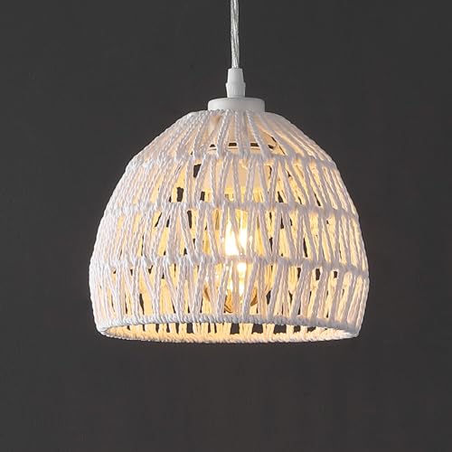 Image of JONATHAN Y 8.25 inch White Modern Bohemian Woven Rope LED Pendant Light Fixture, Adjustable Dome Ceiling Lamp for Kitchen Island, Rope Shade, Coastal Farmhouse Decor (JYL6512A)
