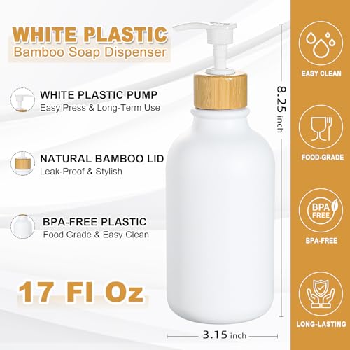 Image of KASUNTING White Soap Dispenser, 2 Pack Plastic Bathroom Hand Soap and Lotion Dispenser Set with Bamboo Pump, 17 Fl Oz Hand and Dish Soap Dispensers Set for Kitchen, Refillable Liquid Soap Bottles