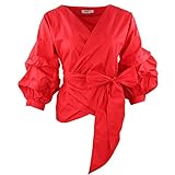 AOMEI Red Color Women Spring Summer Blouses with Puff Sleeve Sashes Shirts Tops
