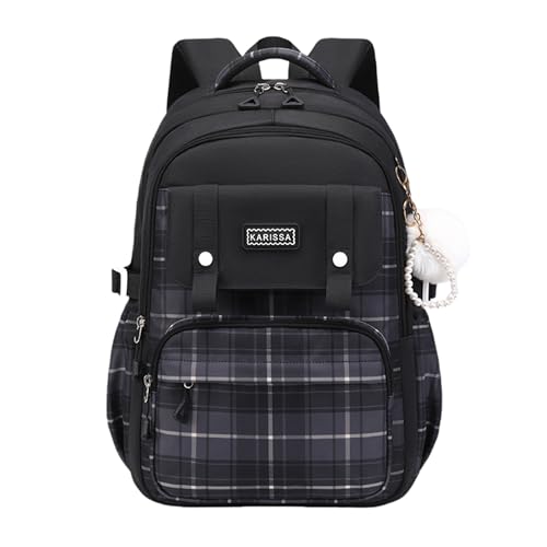 TYHOTULY Cute Backpack for Girls, Large Capacity Kids Bookbag for Elementary Middle School Students Waterproof Kawaii Preppy Aesthetic Plaid Backpack Age 4-16 with Cute Accessories (Black)