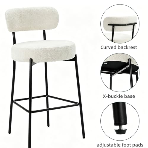 Image of Counter Height Bar Stools, Boucle Upholstered Bar Stools with Back and Footrest, 30 Inch Counter Stools Metal Frame, Heavy Duty Modern Bar Chairs for Kitchen Island, White Barstools Set of 6